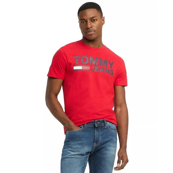 Tommy Hilfiger Mens Large Short Sleeve Lock Up Logo Graphic T-Shirt Red FLAW 610 - Picture 1 of 8